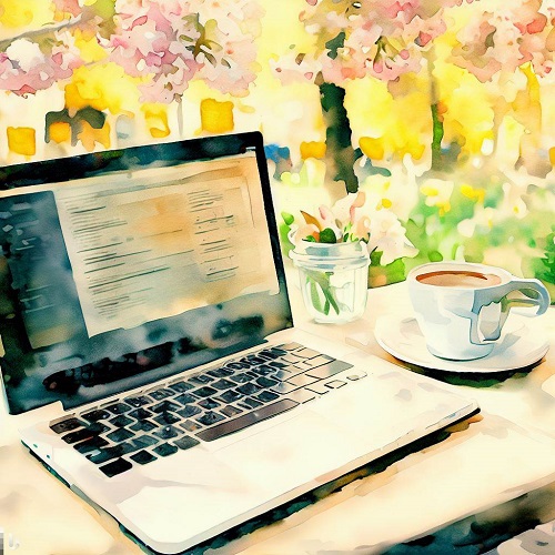 봄날 정원 탁자 위에 놓인 노트북과 커피잔 이미지